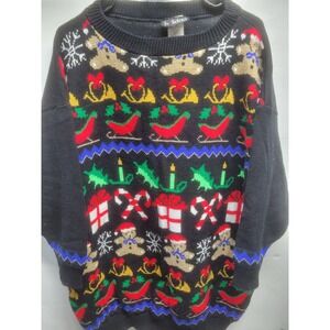 Vintage Holiday Christmas Sweater Mens 1X Black Gingerbread Candy Cane Made USA